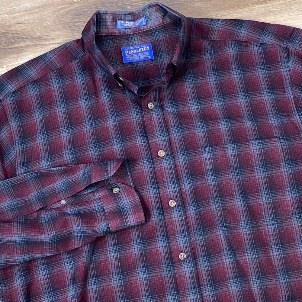 Pendleton Button Down Men L Sir Pendleton Worsted Wool Plaid Shirt Burgundy Blue
